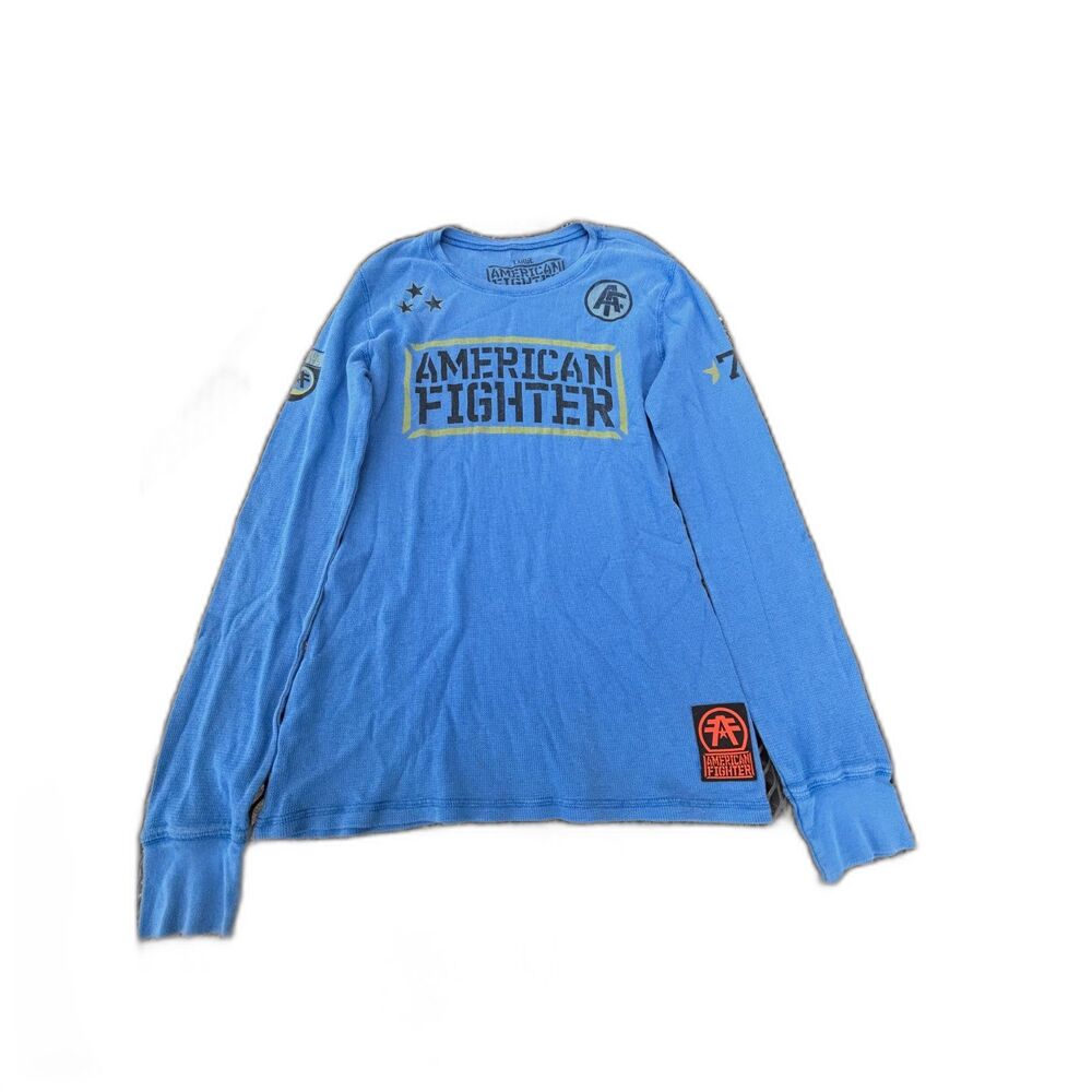 American Fighter Tee Women's Large Long Sleeve Waffle Knit Thermal Graphic Blue